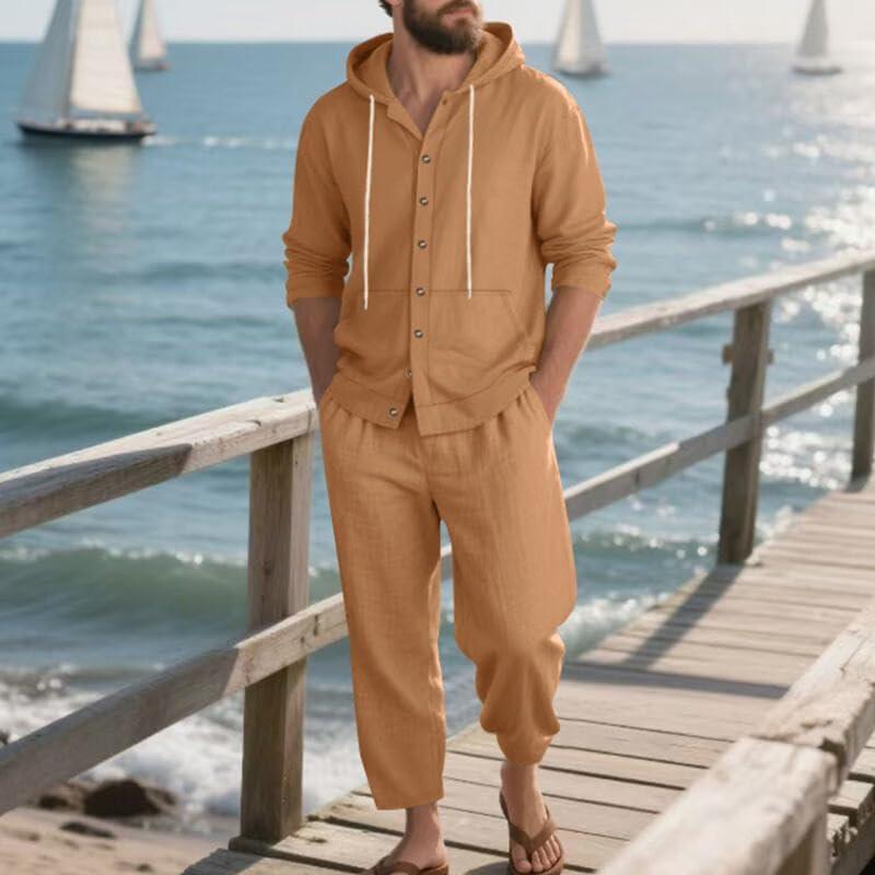 imageMens 2 Pieces Cotton Linen Set Casual Long Sleeve Henley Shirts Beach Yoga Pants Summer OutfitsEarthy Yellow