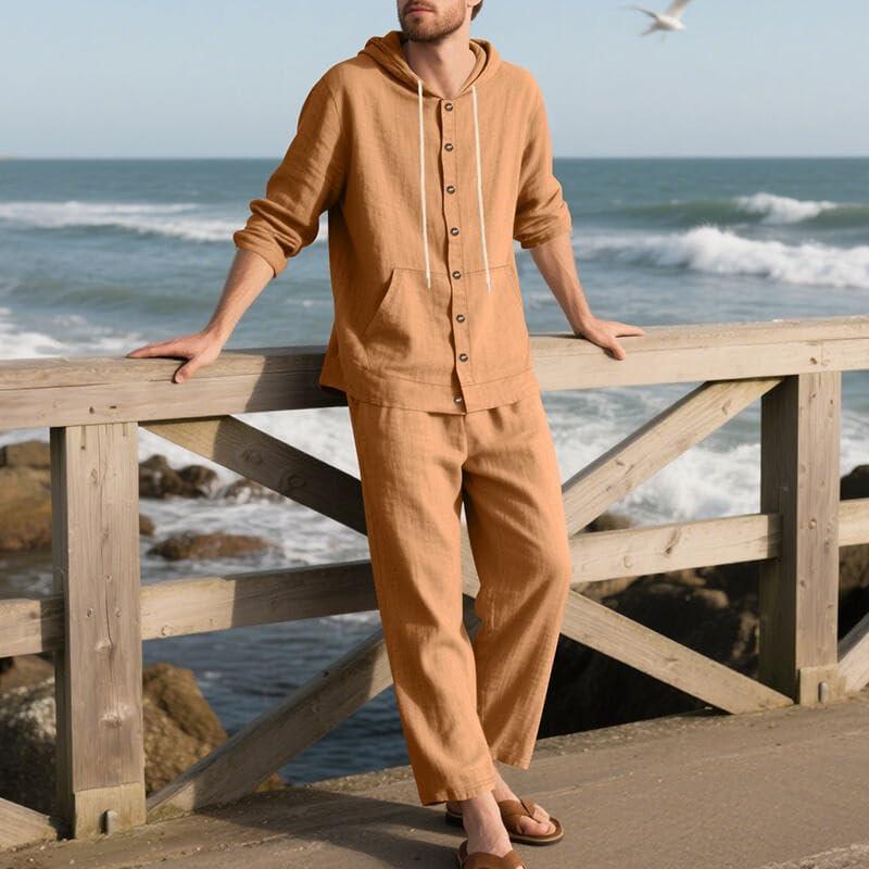 imageMens 2 Pieces Cotton Linen Set Casual Long Sleeve Henley Shirts Beach Yoga Pants Summer OutfitsEarthy Yellow