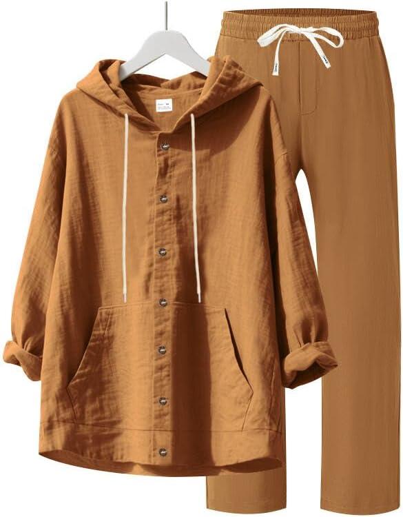 imageMens 2 Pieces Cotton Linen Set Casual Long Sleeve Henley Shirts Beach Yoga Pants Summer OutfitsEarthy Yellow