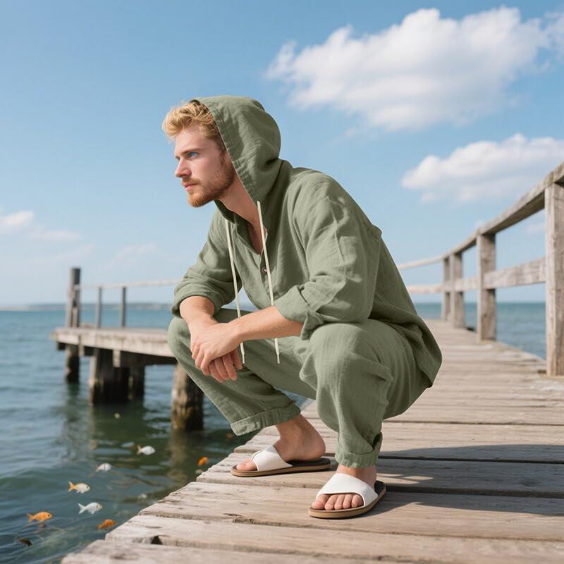 imageMens 2 Pieces Cotton Linen Set Casual Long Sleeve Henley Shirts Beach Yoga Pants Summer OutfitsGreen