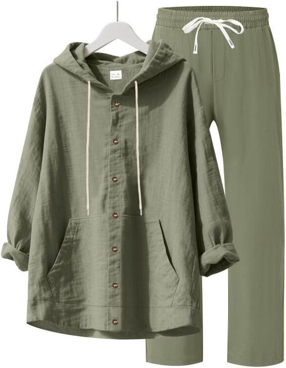 imageMens 2 Pieces Cotton Linen Set Casual Long Sleeve Henley Shirts Beach Yoga Pants Summer OutfitsGreen