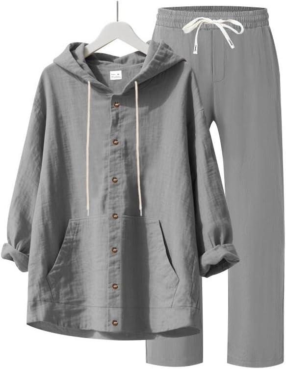 imageMens 2 Pieces Cotton Linen Set Casual Long Sleeve Henley Shirts Beach Yoga Pants Summer OutfitsGrey