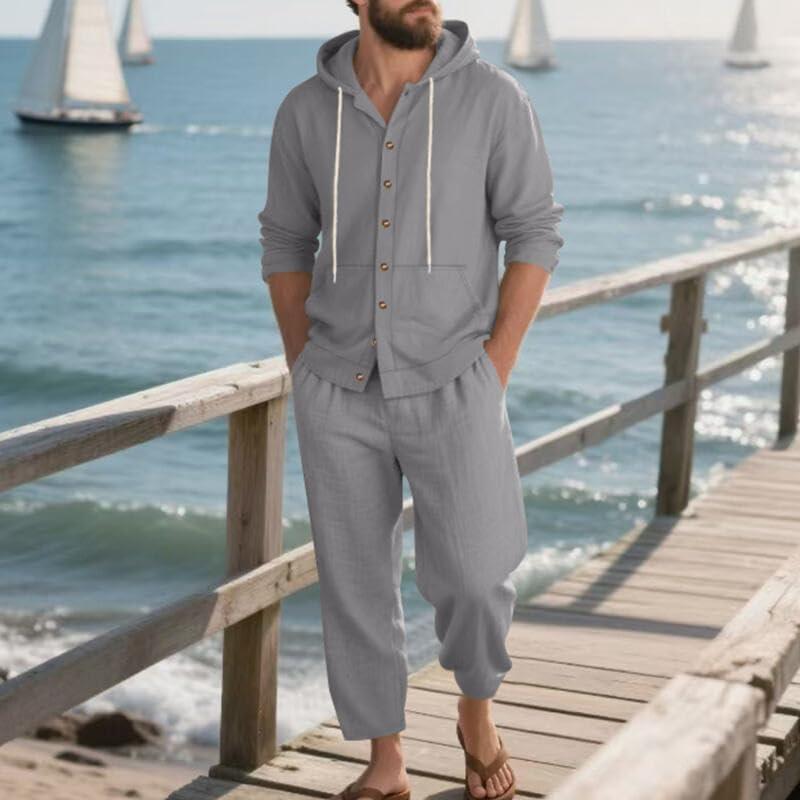 imageMens 2 Pieces Cotton Linen Set Casual Long Sleeve Henley Shirts Beach Yoga Pants Summer OutfitsGrey