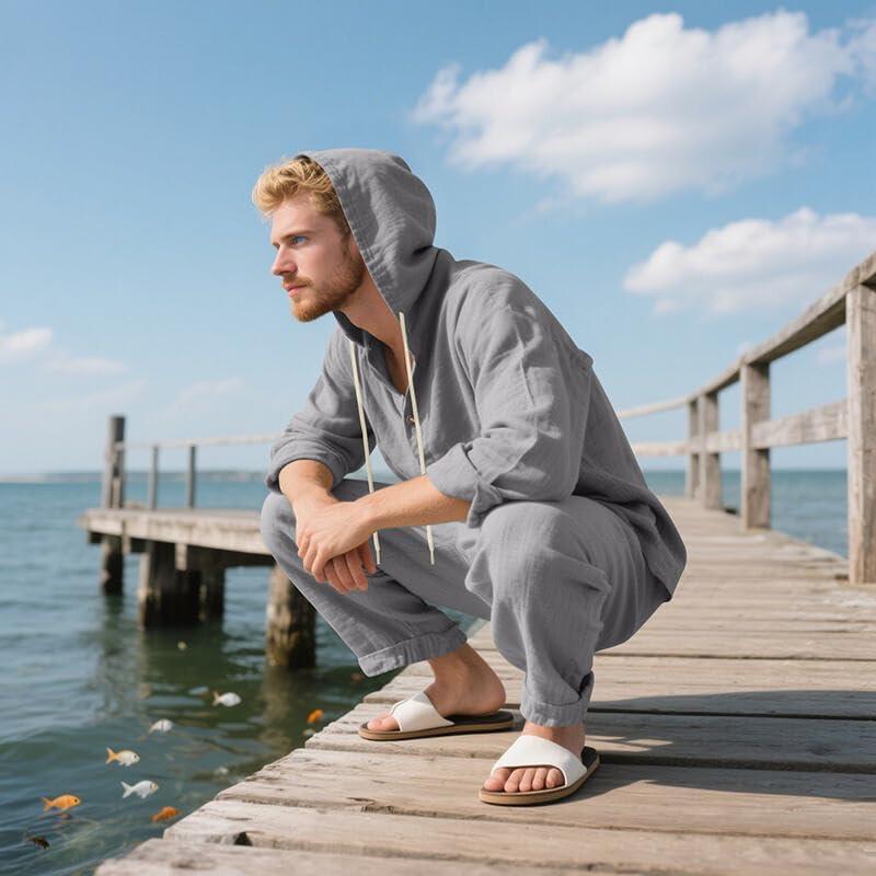 imageMens 2 Pieces Cotton Linen Set Casual Long Sleeve Henley Shirts Beach Yoga Pants Summer OutfitsGrey