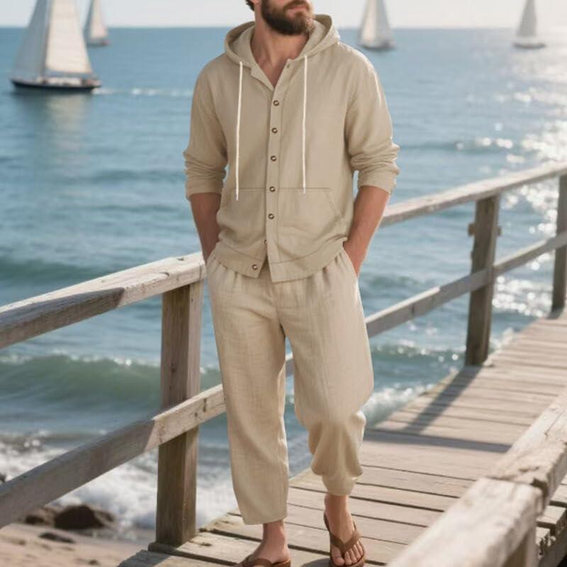 imageMens 2 Pieces Cotton Linen Set Casual Long Sleeve Henley Shirts Beach Yoga Pants Summer OutfitsKhaki