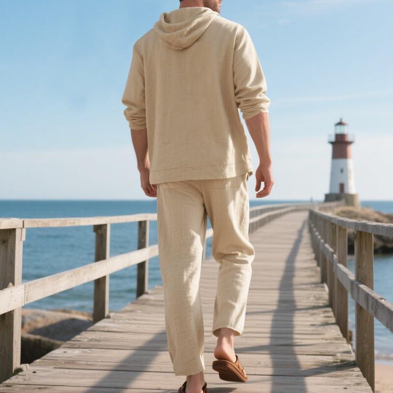 imageMens 2 Pieces Cotton Linen Set Casual Long Sleeve Henley Shirts Beach Yoga Pants Summer OutfitsKhaki