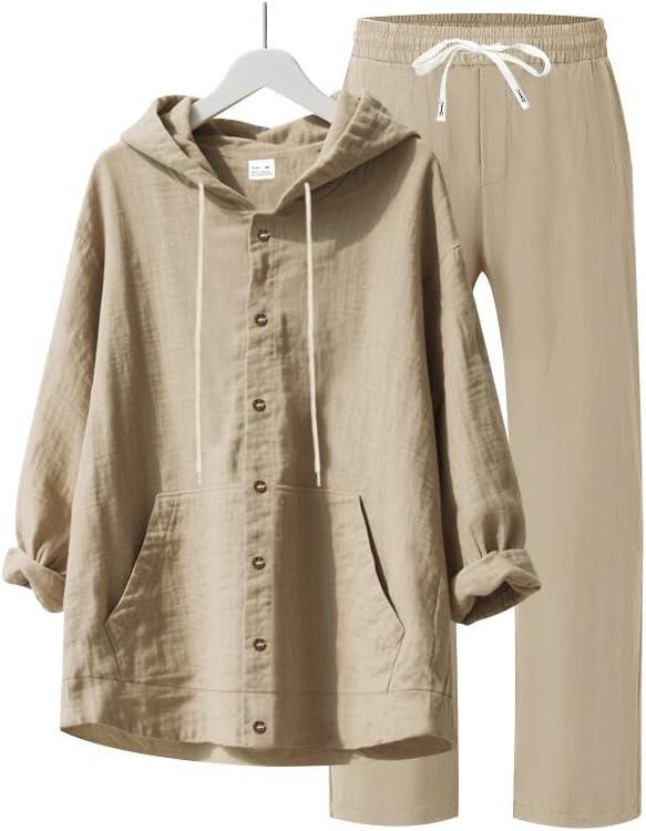 imageMens 2 Pieces Cotton Linen Set Casual Long Sleeve Henley Shirts Beach Yoga Pants Summer OutfitsKhaki