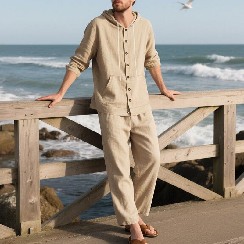 imageMens 2 Pieces Cotton Linen Set Casual Long Sleeve Henley Shirts Beach Yoga Pants Summer OutfitsKhaki