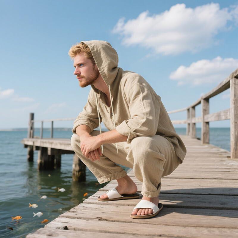 imageMens 2 Pieces Cotton Linen Set Casual Long Sleeve Henley Shirts Beach Yoga Pants Summer OutfitsKhaki