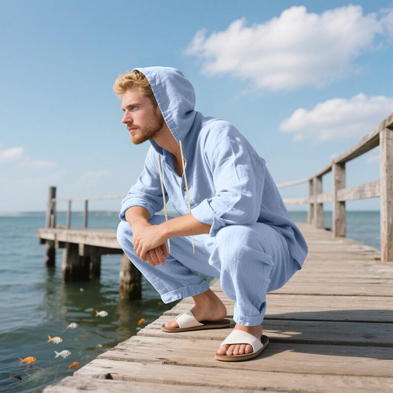 imageMens 2 Pieces Cotton Linen Set Casual Long Sleeve Henley Shirts Beach Yoga Pants Summer OutfitsLight Blue