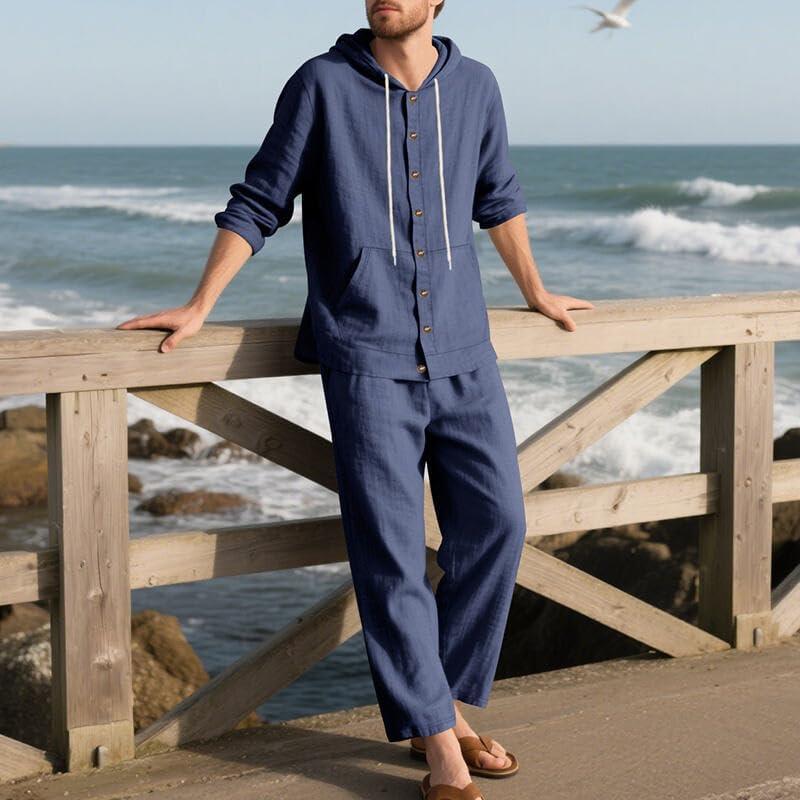 imageMens 2 Pieces Cotton Linen Set Casual Long Sleeve Henley Shirts Beach Yoga Pants Summer OutfitsNavy