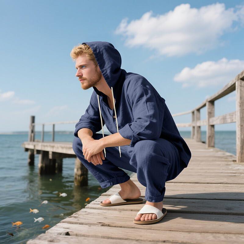 imageMens 2 Pieces Cotton Linen Set Casual Long Sleeve Henley Shirts Beach Yoga Pants Summer OutfitsNavy