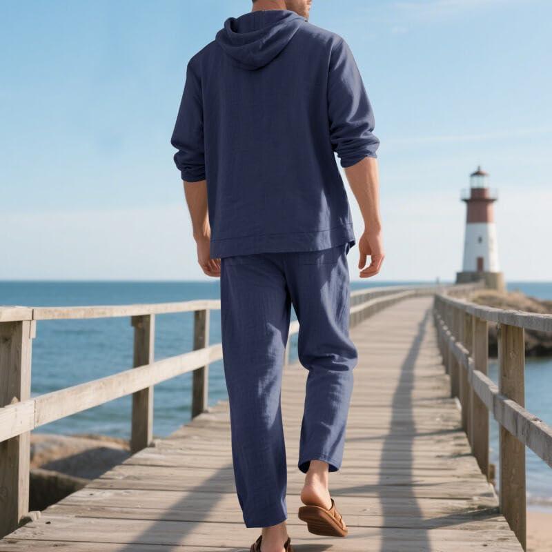 imageMens 2 Pieces Cotton Linen Set Casual Long Sleeve Henley Shirts Beach Yoga Pants Summer OutfitsNavy