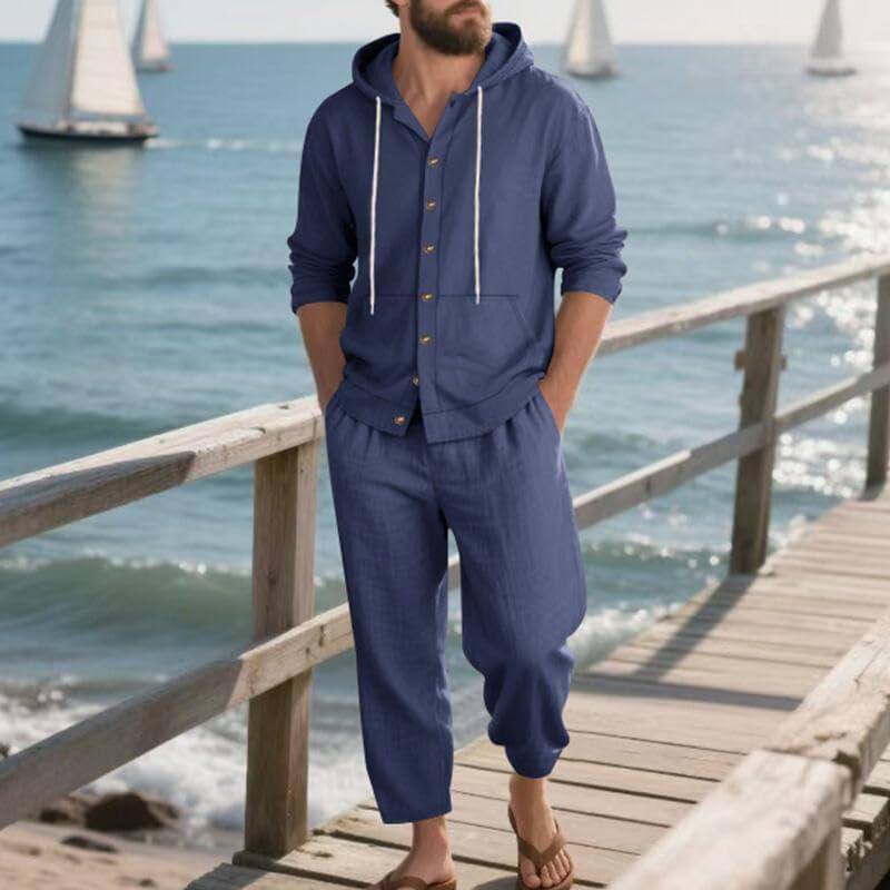 imageMens 2 Pieces Cotton Linen Set Casual Long Sleeve Henley Shirts Beach Yoga Pants Summer OutfitsNavy