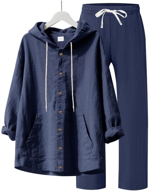 imageMens 2 Pieces Cotton Linen Set Casual Long Sleeve Henley Shirts Beach Yoga Pants Summer OutfitsNavy