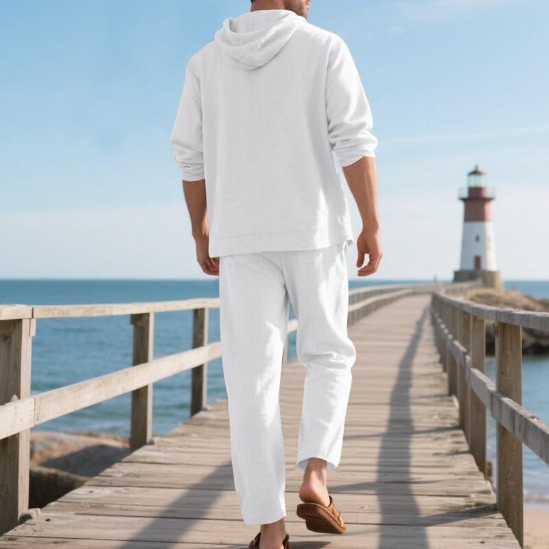 imageMens 2 Pieces Cotton Linen Set Casual Long Sleeve Henley Shirts Beach Yoga Pants Summer OutfitsWhite
