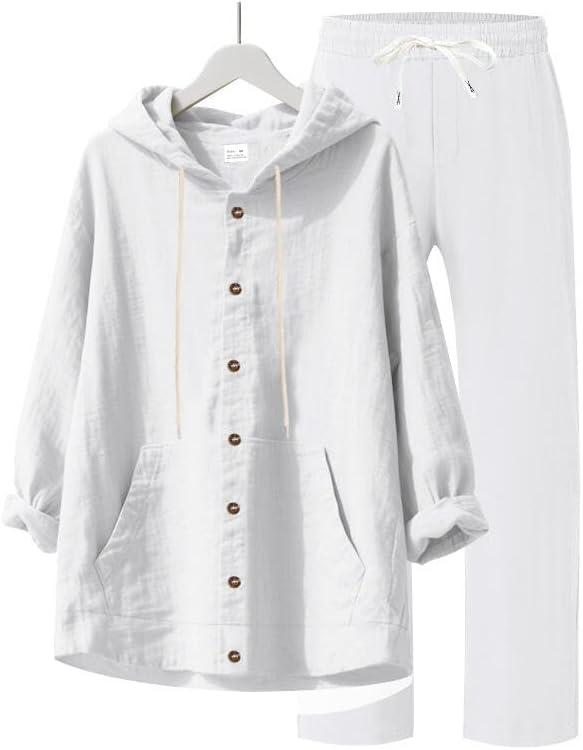 imageMens 2 Pieces Cotton Linen Set Casual Long Sleeve Henley Shirts Beach Yoga Pants Summer OutfitsWhite