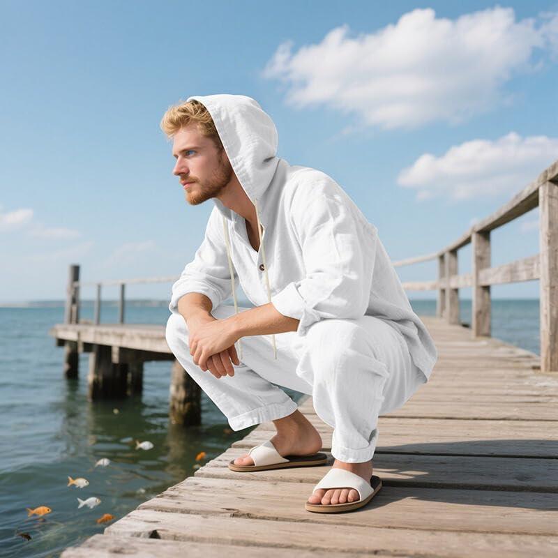 imageMens 2 Pieces Cotton Linen Set Casual Long Sleeve Henley Shirts Beach Yoga Pants Summer OutfitsWhite