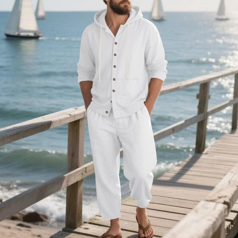 imageMens 2 Pieces Cotton Linen Set Casual Long Sleeve Henley Shirts Beach Yoga Pants Summer OutfitsWhite