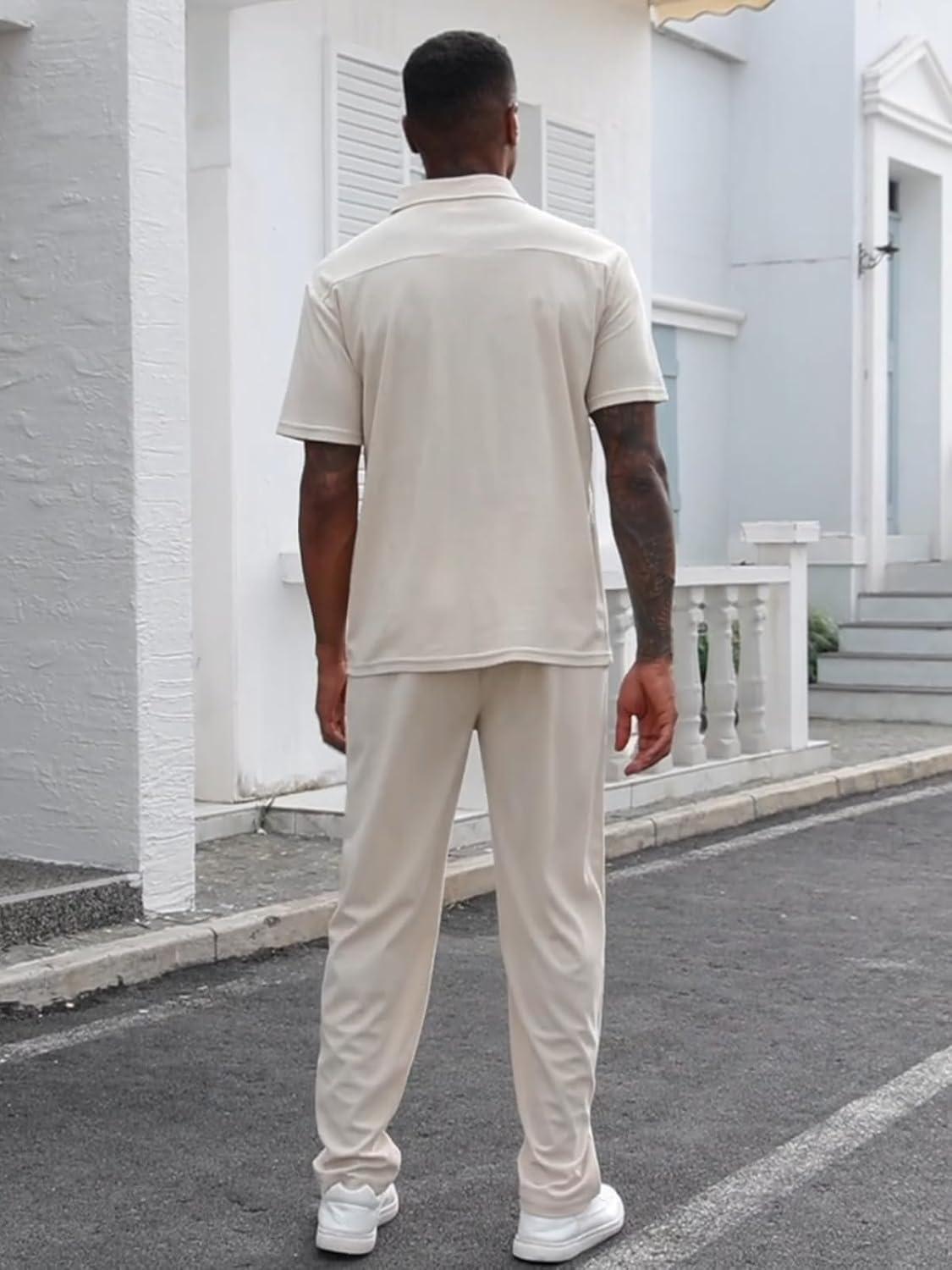 imageMens 2 Pieces Outfit Sets Casual Short Sleeve Quarter Zip Collar Shirt and Drawstring Pants with Pockets Track Suit