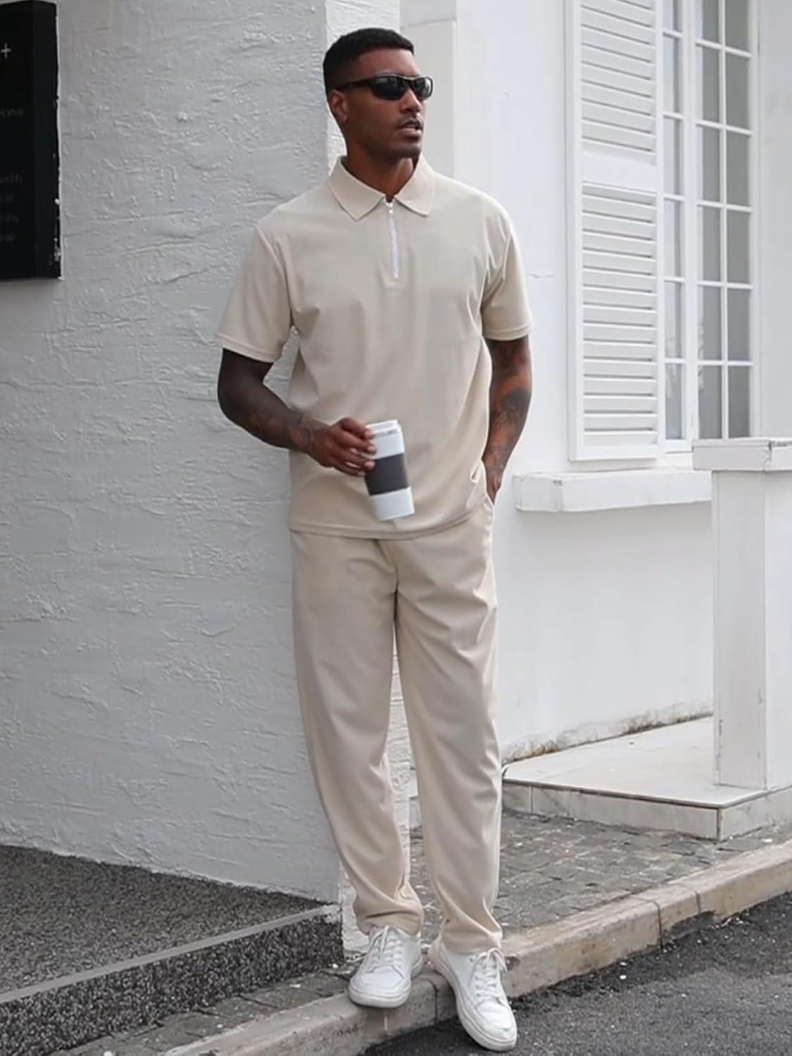 imageMens 2 Pieces Outfit Sets Casual Short Sleeve Quarter Zip Collar Shirt and Drawstring Pants with Pockets Track Suit