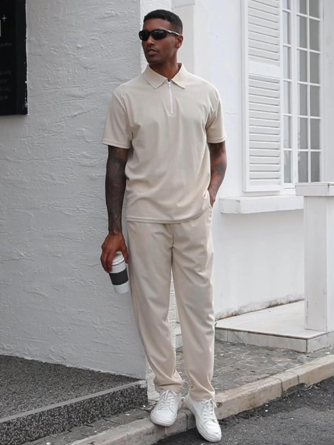 imageMens 2 Pieces Outfit Sets Casual Short Sleeve Quarter Zip Collar Shirt and Drawstring Pants with Pockets Track Suit