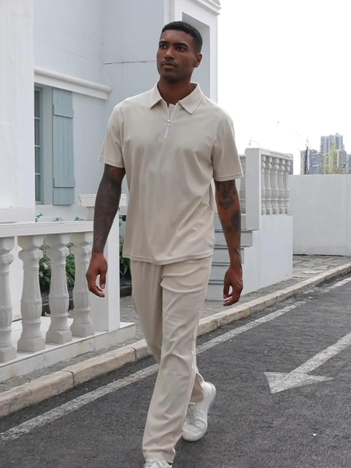 imageMens 2 Pieces Outfit Sets Casual Short Sleeve Quarter Zip Collar Shirt and Drawstring Pants with Pockets Track Suit