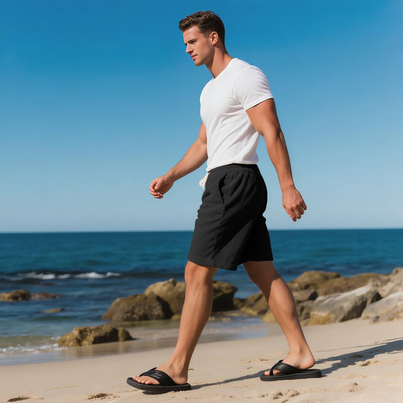 imageMens Cargo Shorts Casual Drawstring Elastic Waist Corduroy Summer Beach Shorts with PocketsBlack1