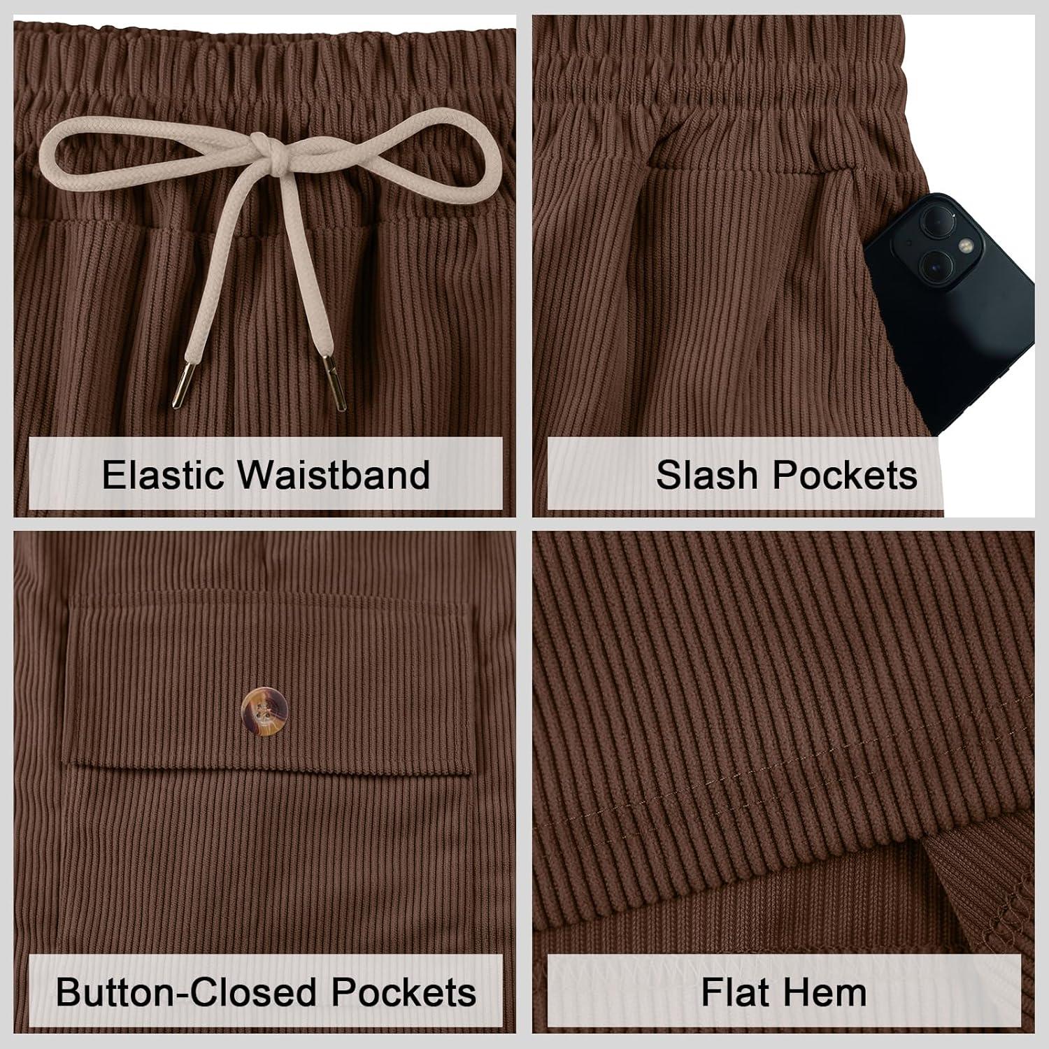 imageMens Cargo Shorts Casual Drawstring Elastic Waist Corduroy Summer Beach Shorts with PocketsBrown