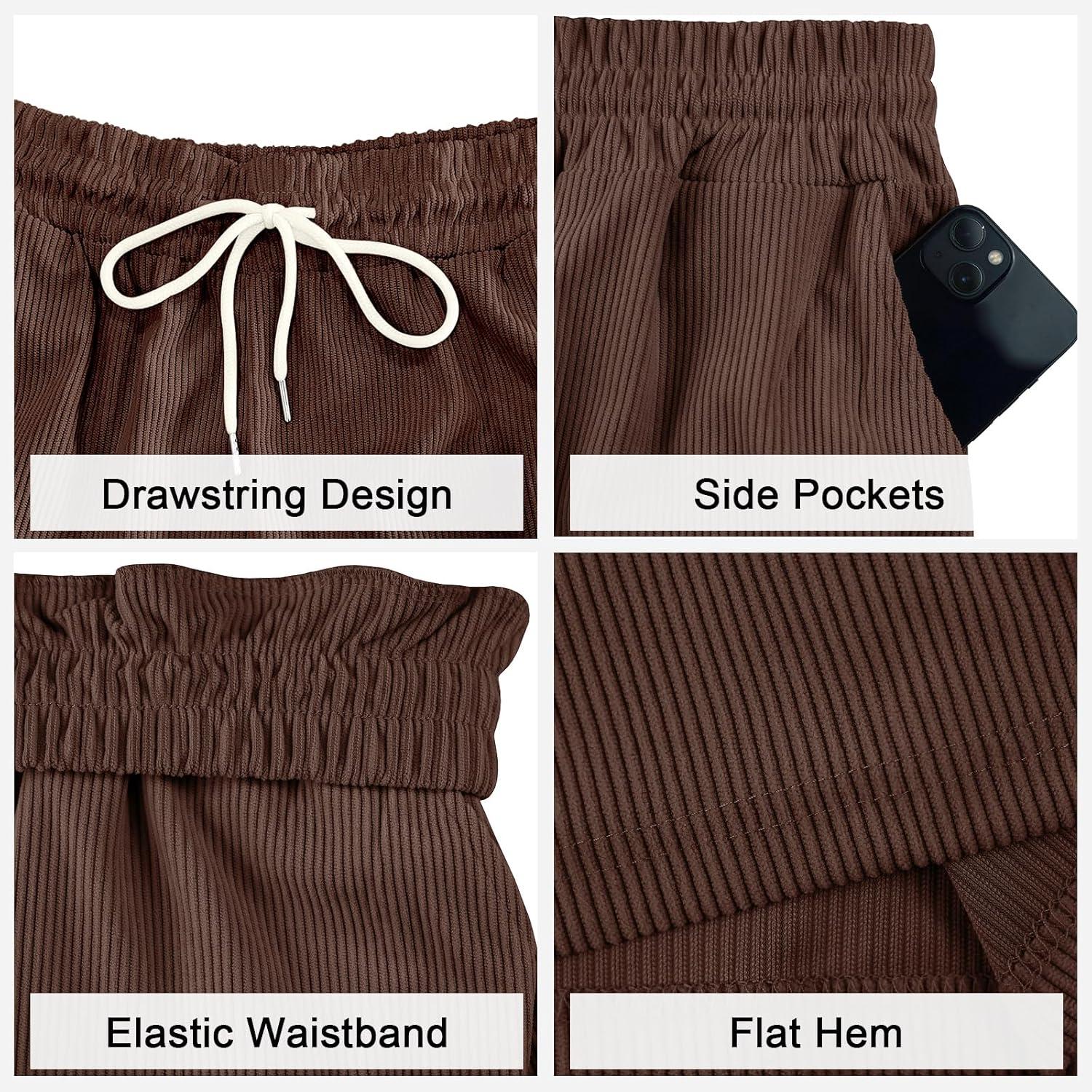 imageMens Cargo Shorts Casual Drawstring Elastic Waist Corduroy Summer Beach Shorts with PocketsBrown1