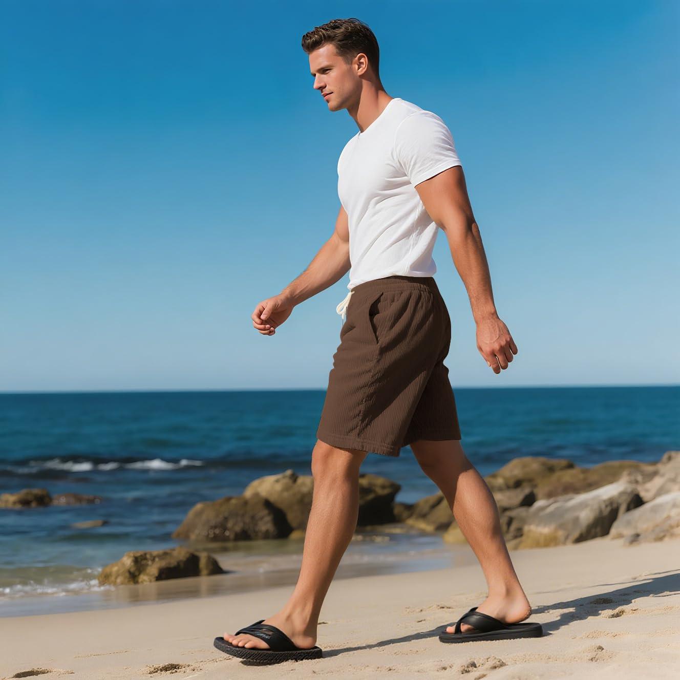 imageMens Cargo Shorts Casual Drawstring Elastic Waist Corduroy Summer Beach Shorts with PocketsBrown1