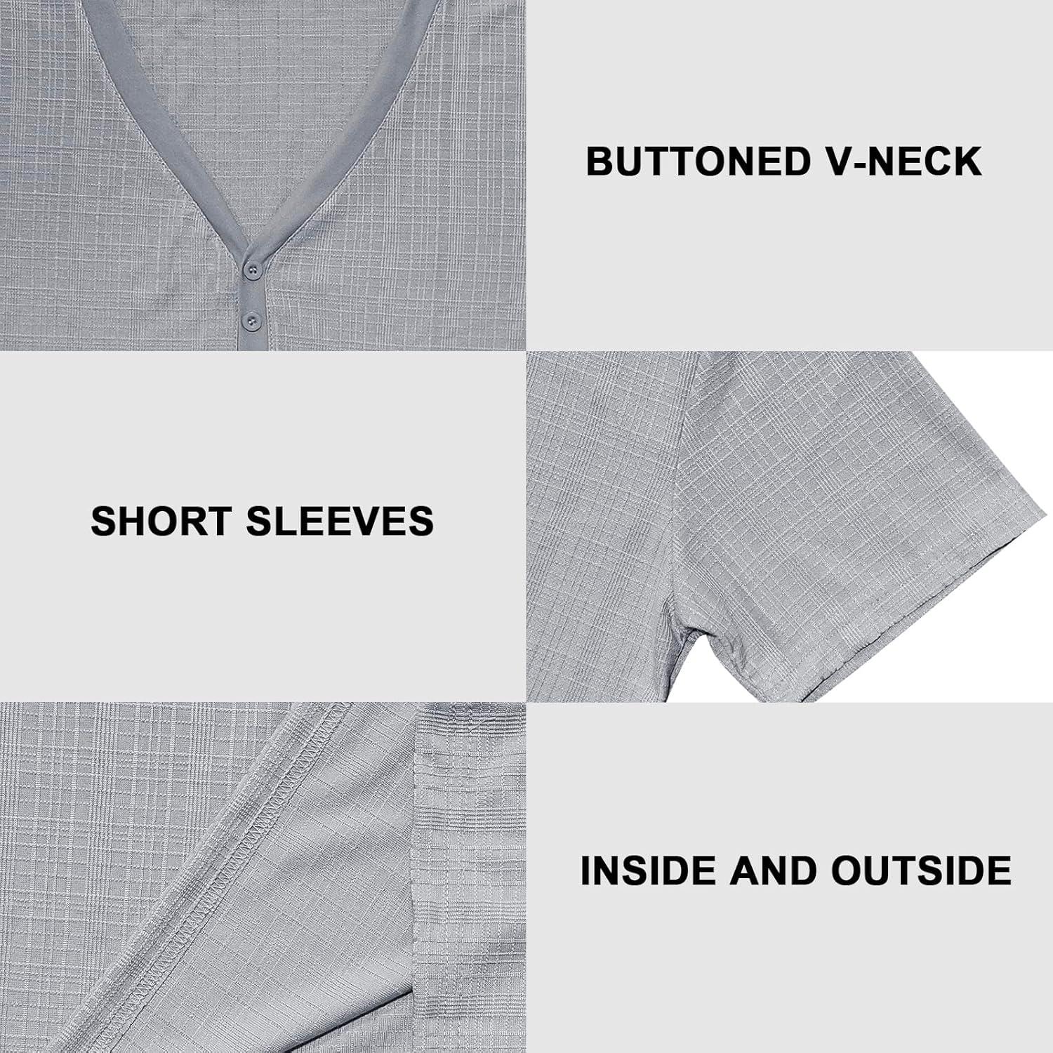 imageMens Casual Deep VNeck TShirts Henley Shirt Dry Fit Short Sleeve Mens Casual Waffle Textural Summer TShirtGrey