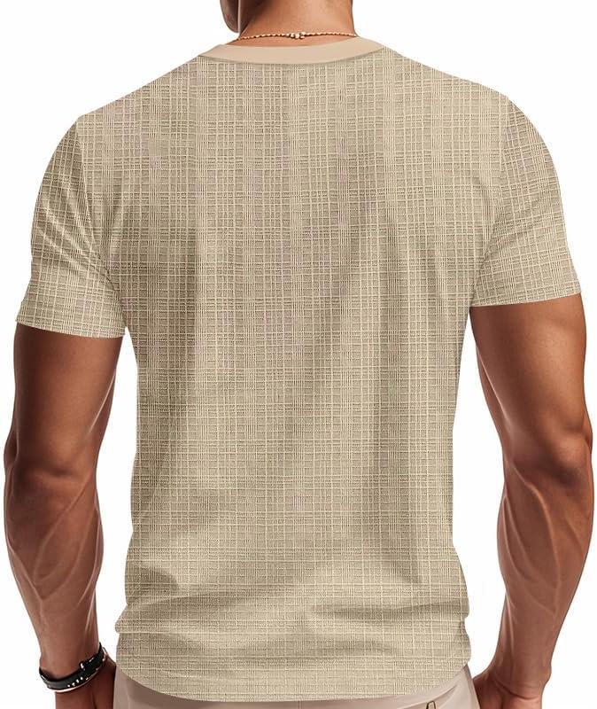 imageMens Casual Deep VNeck TShirts Henley Shirt Dry Fit Short Sleeve Mens Casual Waffle Textural Summer TShirtKhaki