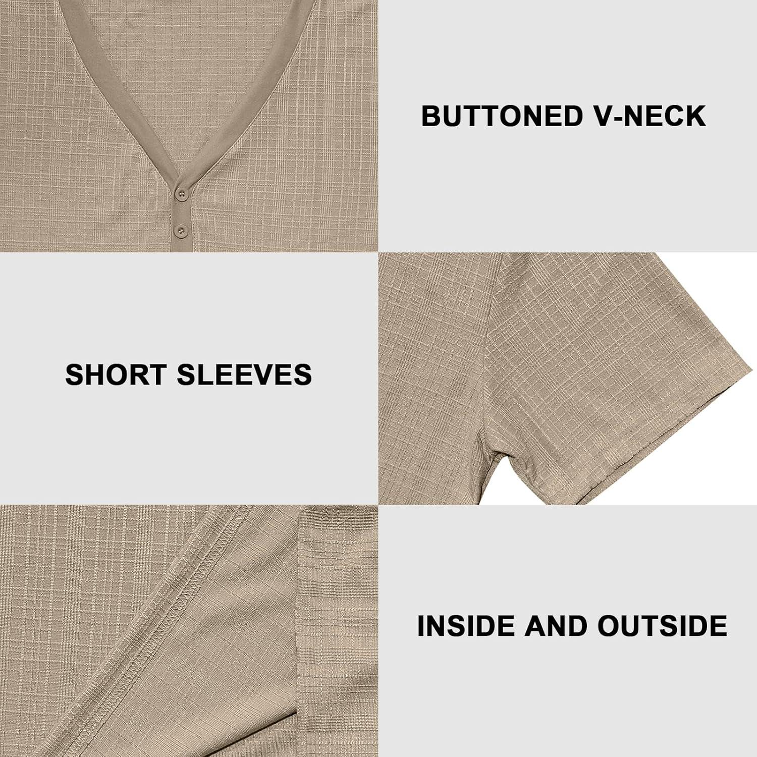imageMens Casual Deep VNeck TShirts Henley Shirt Dry Fit Short Sleeve Mens Casual Waffle Textural Summer TShirtKhaki