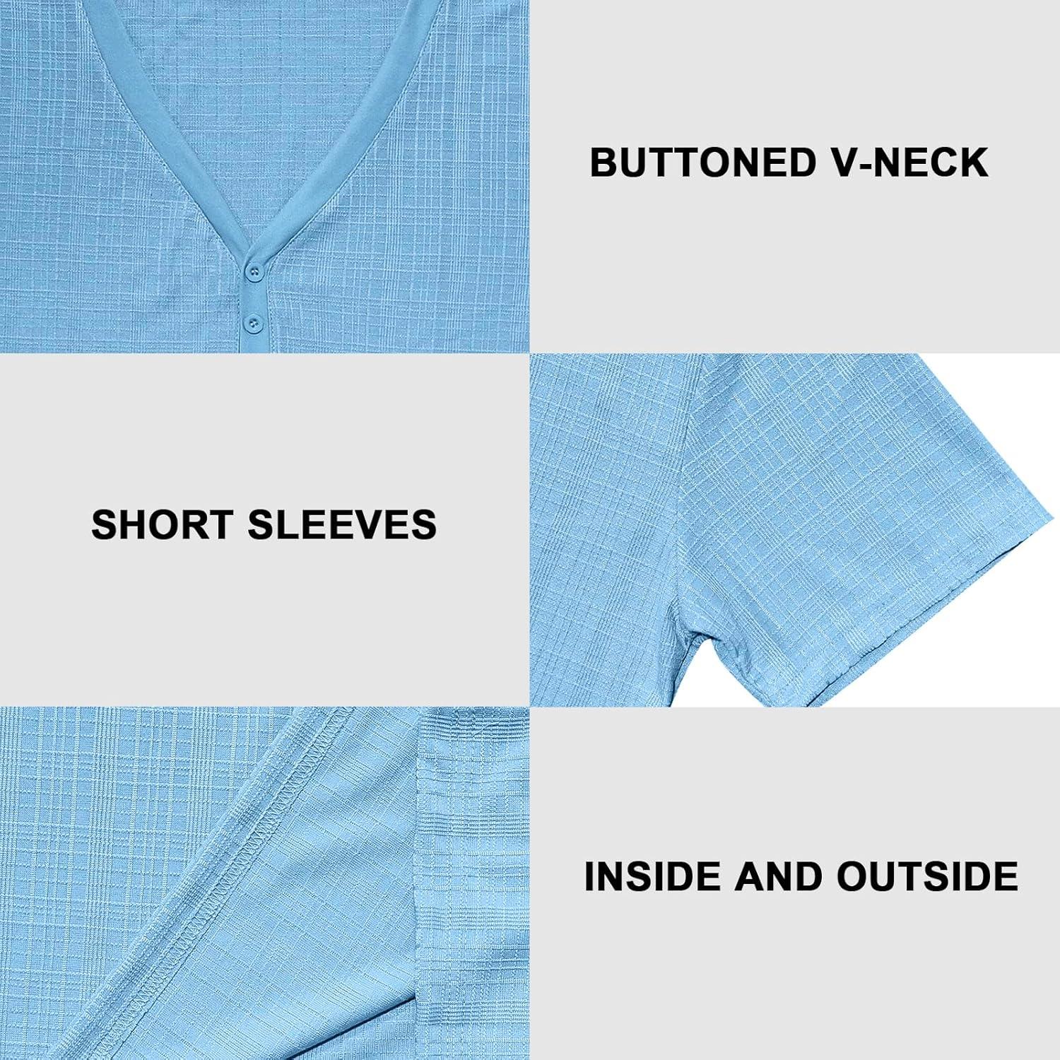 imageMens Casual Deep VNeck TShirts Henley Shirt Dry Fit Short Sleeve Mens Casual Waffle Textural Summer TShirtSky Blue