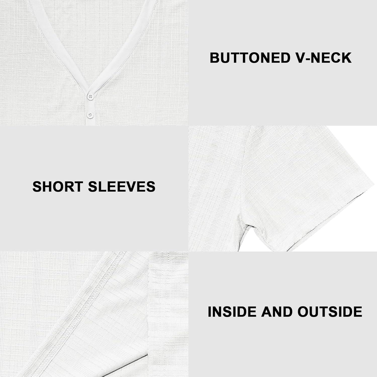 imageMens Casual Deep VNeck TShirts Henley Shirt Dry Fit Short Sleeve Mens Casual Waffle Textural Summer TShirtWhite