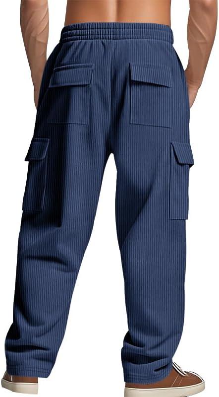 imageMens Corduroy Pants Casual Cargo Pants Elastic Drawstring Waist Sweatpants with Multi PocketsNavy