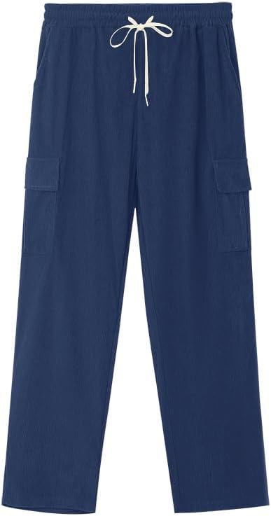 imageMens Corduroy Pants Casual Cargo Pants Elastic Drawstring Waist Sweatpants with Multi PocketsNavy