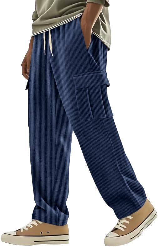 imageMens Corduroy Pants Casual Cargo Pants Elastic Drawstring Waist Sweatpants with Multi PocketsNavy