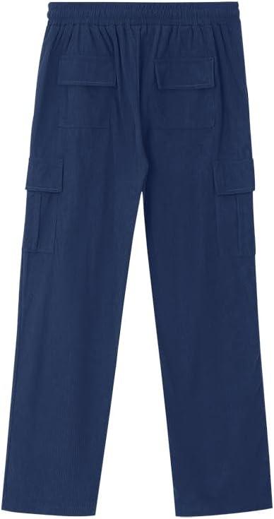 imageMens Corduroy Pants Casual Cargo Pants Elastic Drawstring Waist Sweatpants with Multi PocketsNavy
