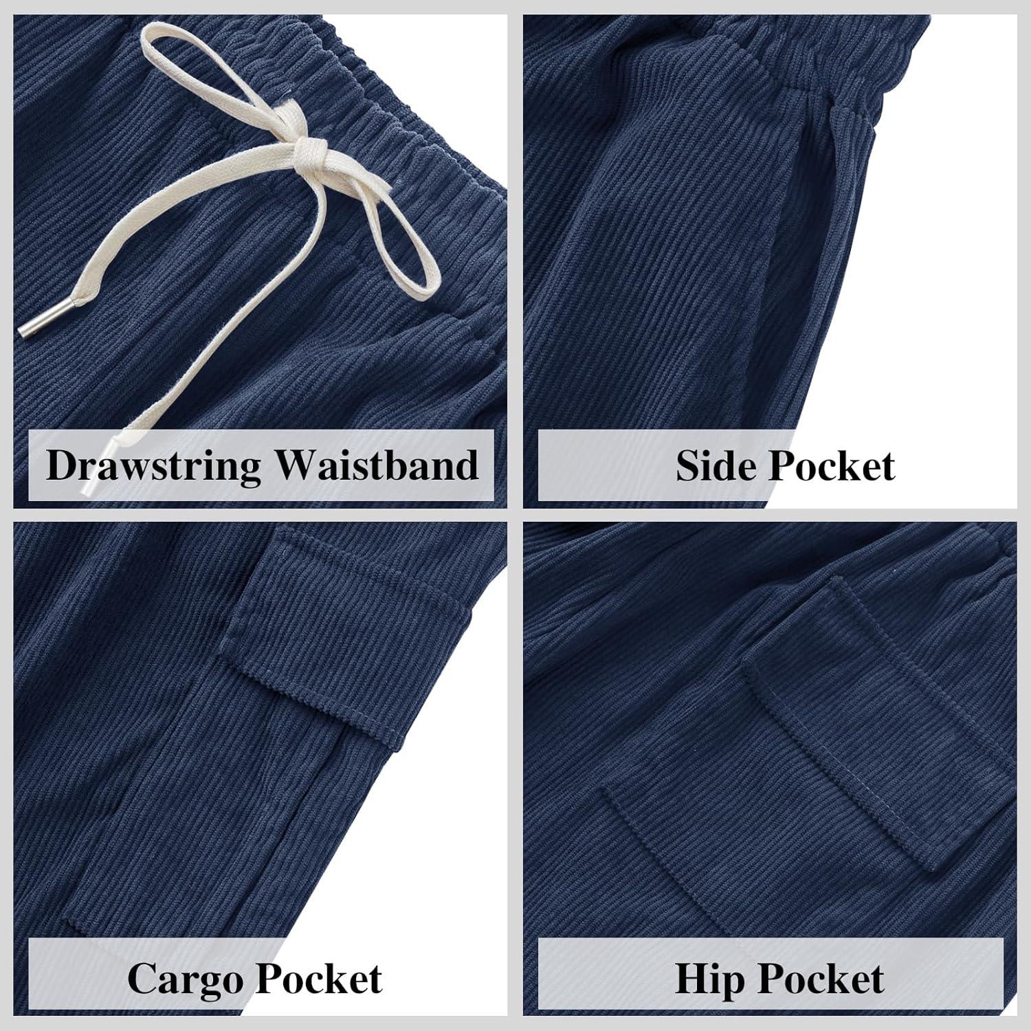 imageMens Corduroy Pants Casual Cargo Pants Elastic Drawstring Waist Sweatpants with Multi PocketsNavy