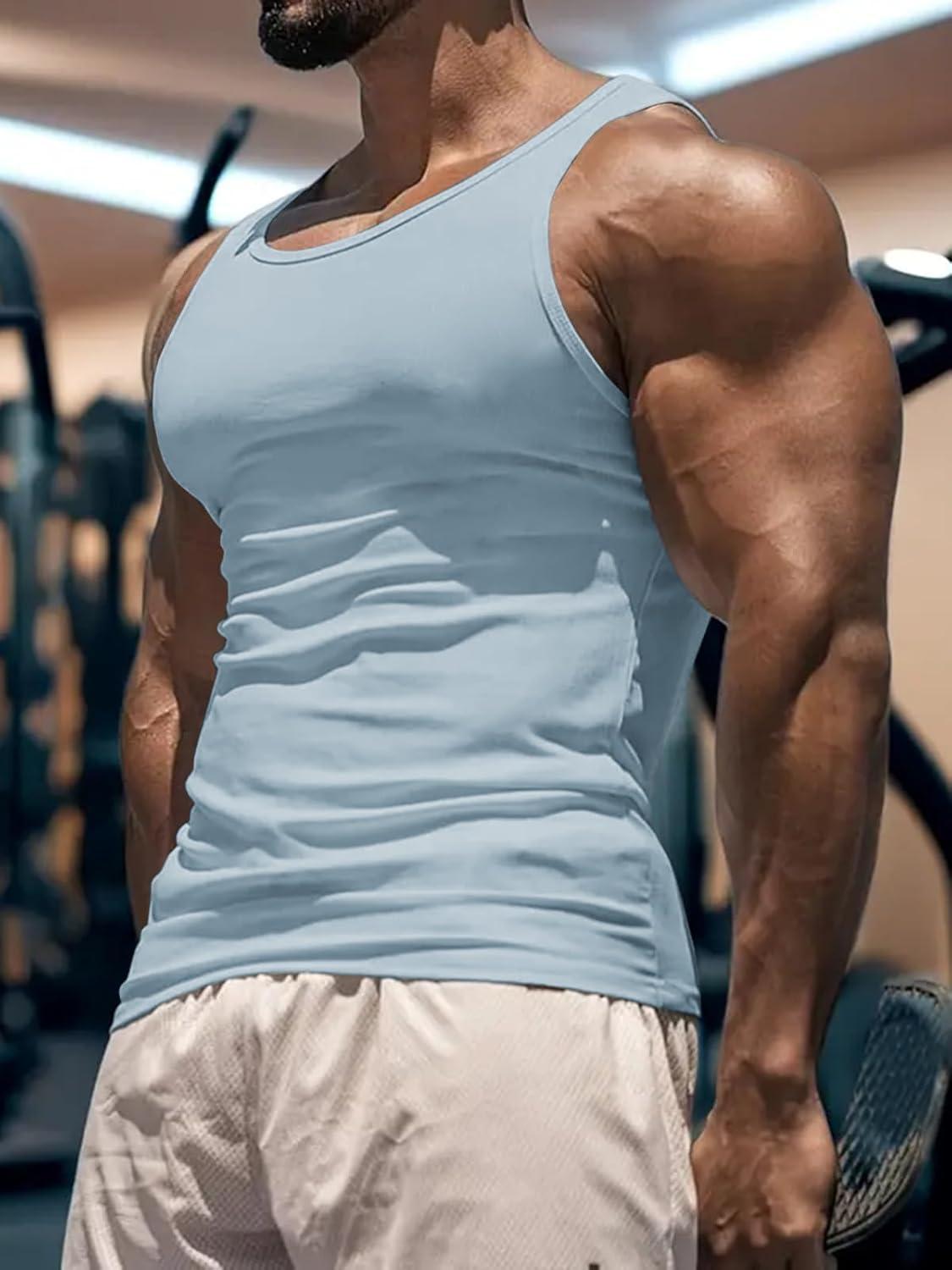 imageMens Gym Workout Tank Tops Soft Lightweight Sleeveless Muscle Shirts for Beach ampamp Athletic WearLight Blue