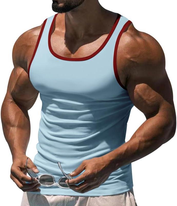 imageMens Gym Workout Tank Tops Soft Lightweight Sleeveless Muscle Shirts for Beach ampamp Athletic WearLight Blueblack