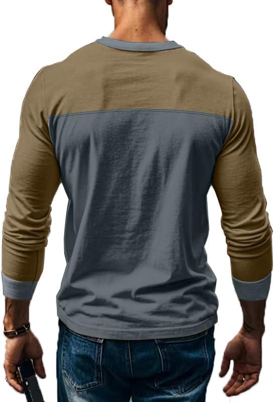 imageMens Henley Shirts Colorblock Long Sleeve Henley Collar TShirt Lightweight Button Pullover ShirtBlue