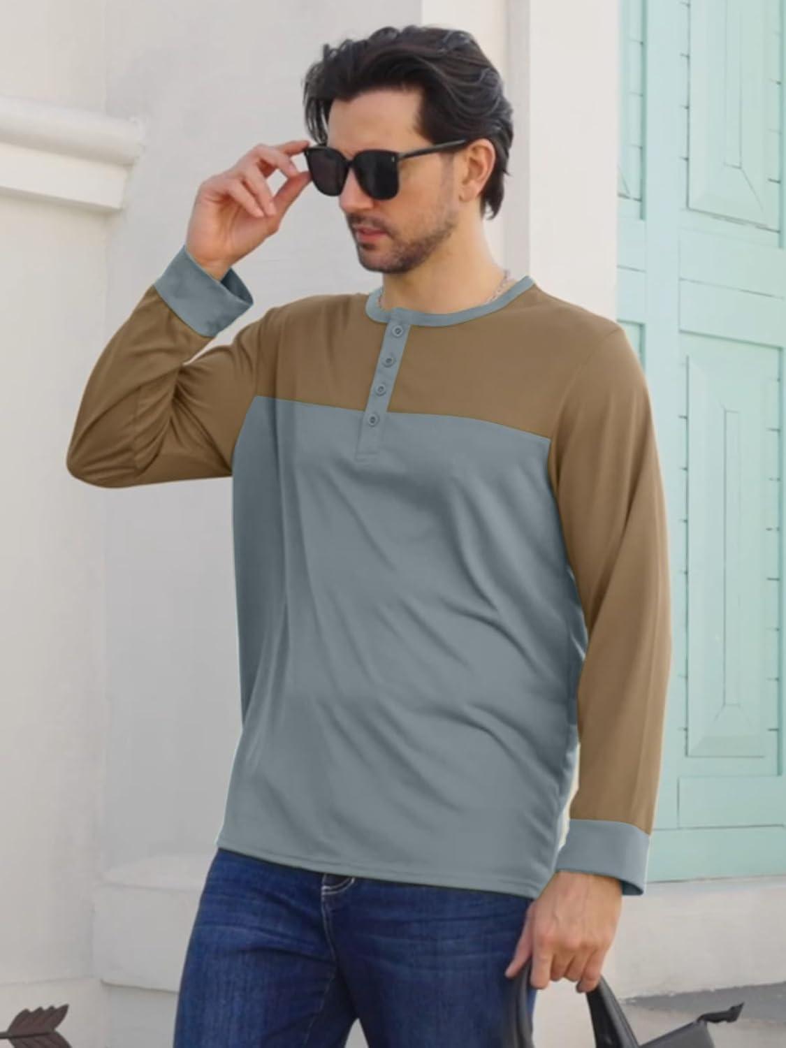 imageMens Henley Shirts Colorblock Long Sleeve Henley Collar TShirt Lightweight Button Pullover ShirtBlue