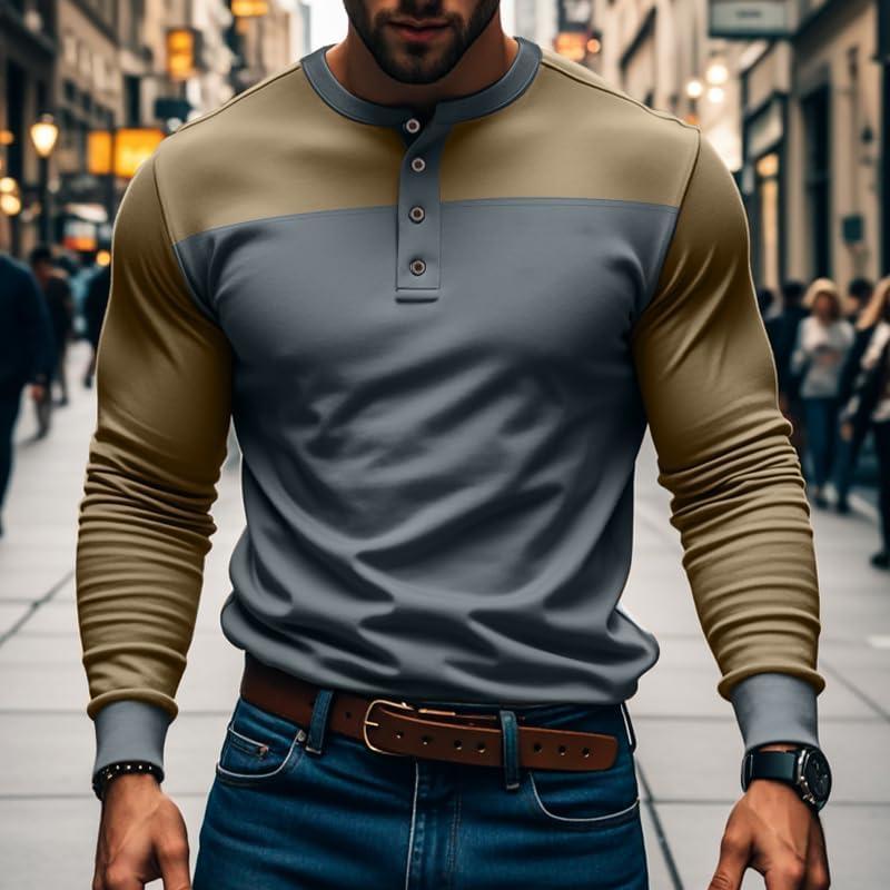 imageMens Henley Shirts Colorblock Long Sleeve Henley Collar TShirt Lightweight Button Pullover ShirtBlue