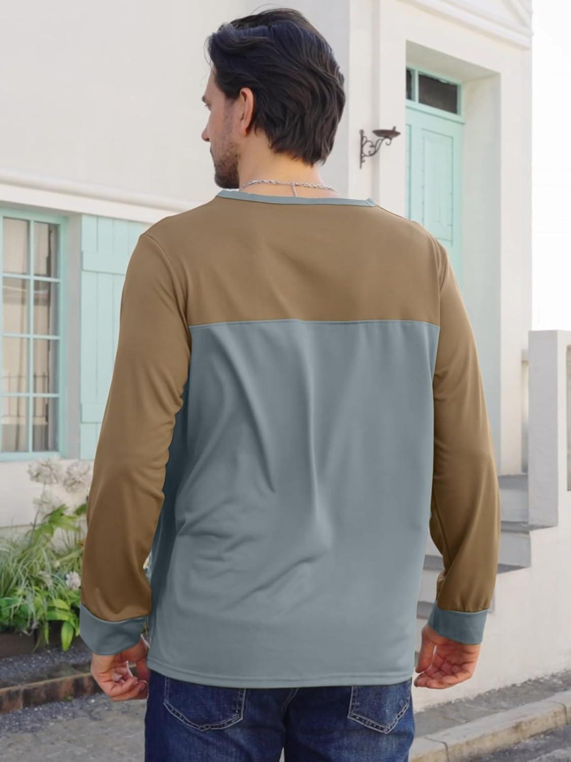 imageMens Henley Shirts Colorblock Long Sleeve Henley Collar TShirt Lightweight Button Pullover ShirtBlue