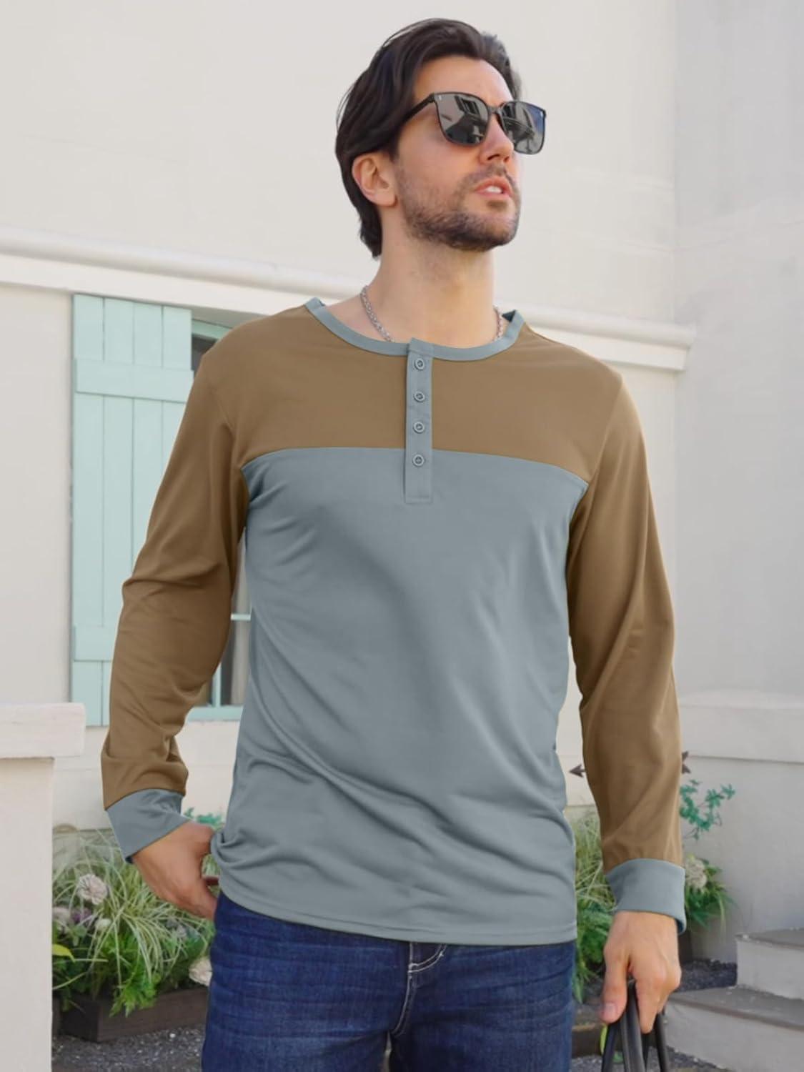 imageMens Henley Shirts Colorblock Long Sleeve Henley Collar TShirt Lightweight Button Pullover ShirtBlue