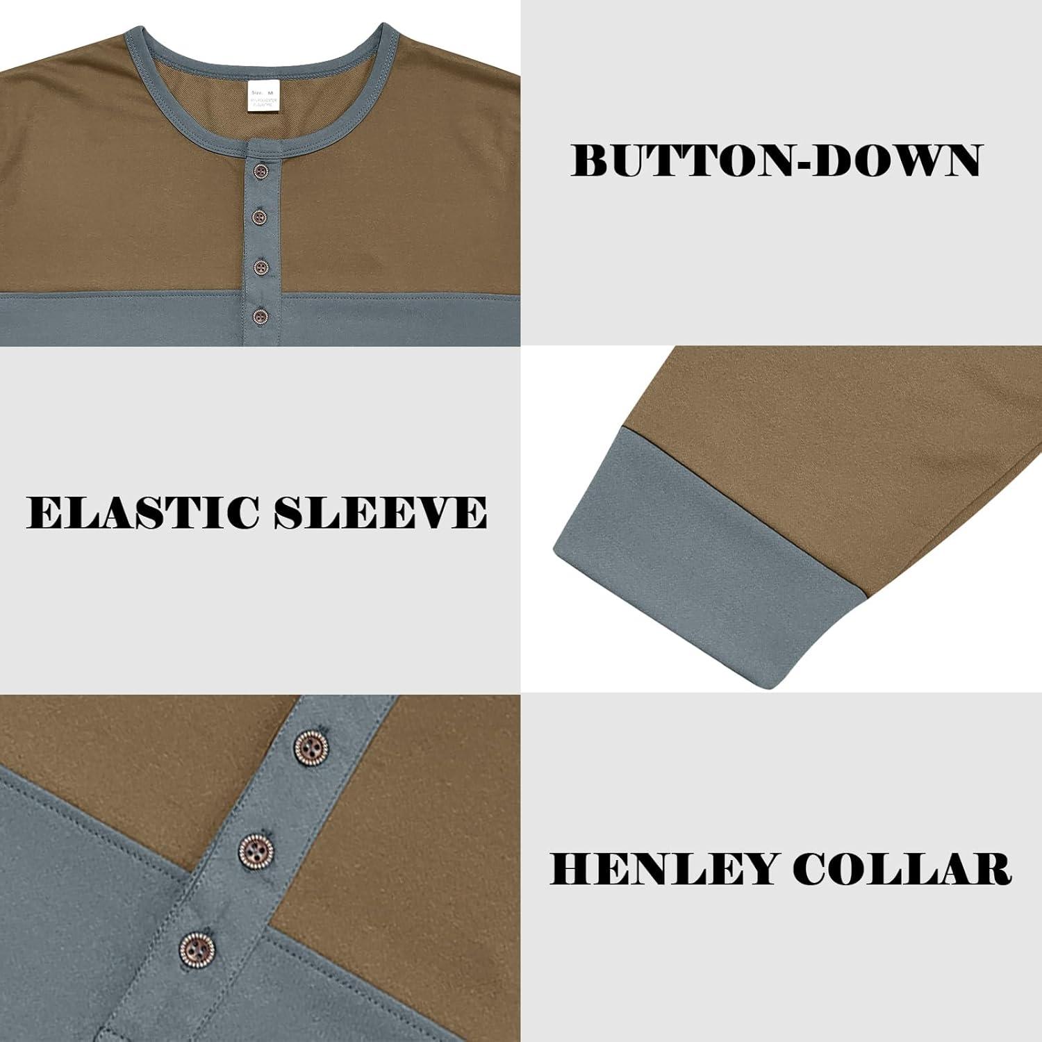 imageMens Henley Shirts Colorblock Long Sleeve Henley Collar TShirt Lightweight Button Pullover ShirtBlue