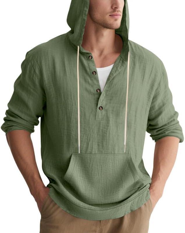 imageMens Linen Hoodie Lightweight Hawaiian Shirt Casual Beach Shirt with PocketsArmy Green
